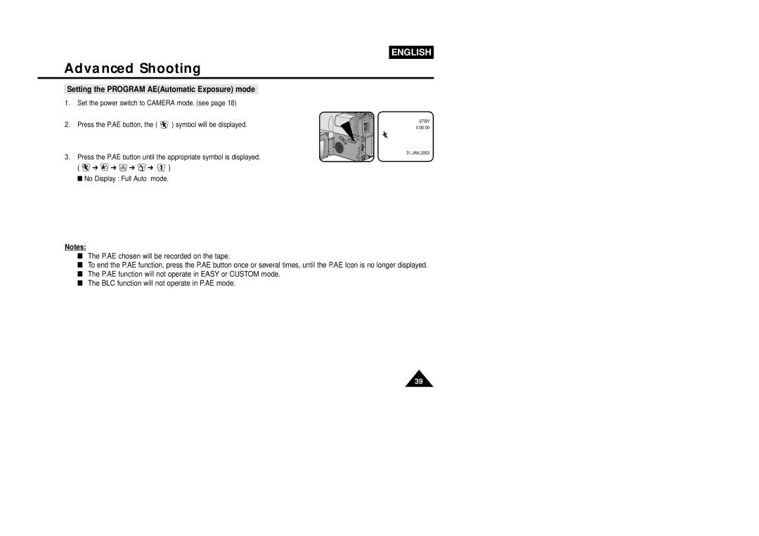 Samsung VP-L800U, VP-L850D, VP-L870 manual Setting the Program AEAutomatic Exposure mode 