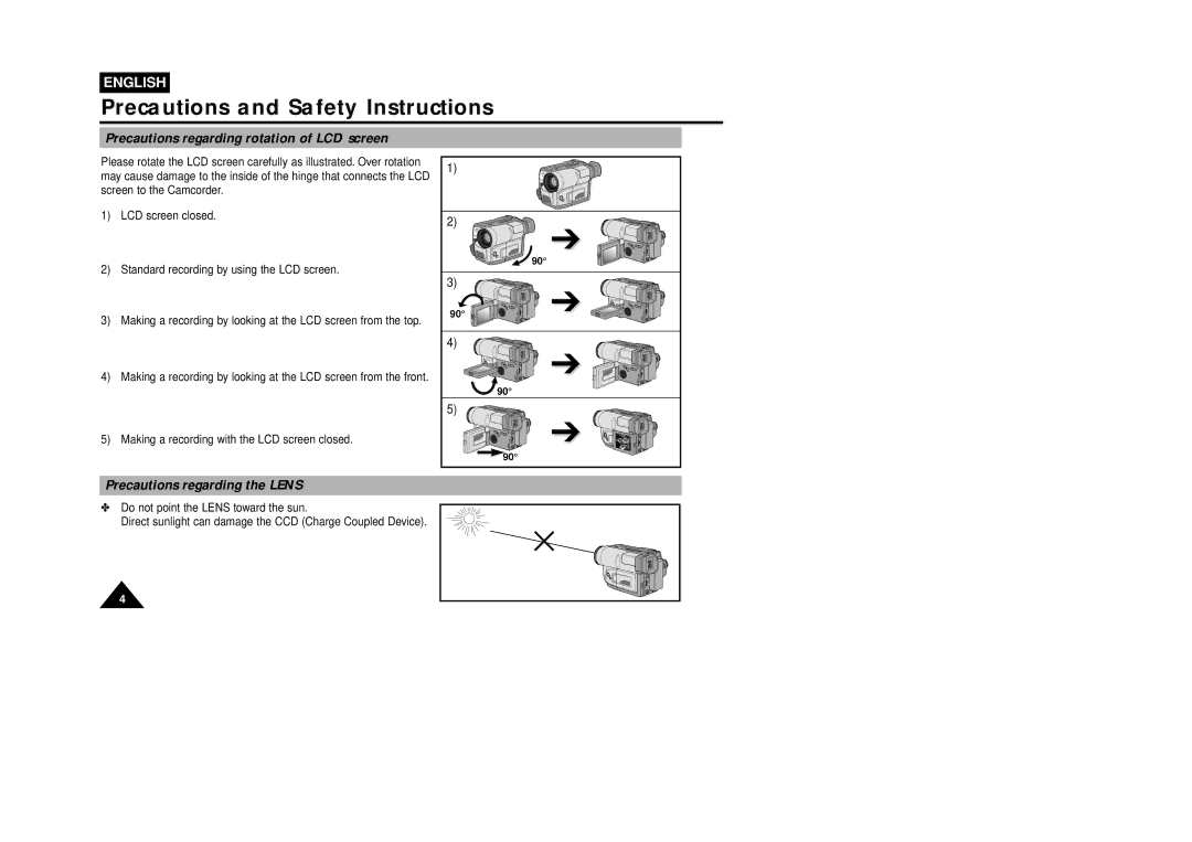 Samsung VP-L800U, VP-L850D, VP-L870 Precautions and Safety Instructions, Precautions regarding rotation of LCD screen 