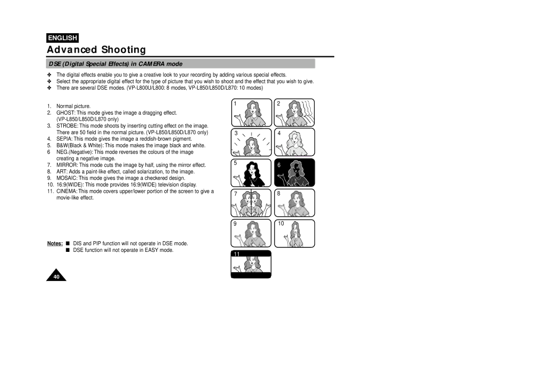 Samsung VP-L800U, VP-L850D, VP-L870 manual DSE Digital Special Effects in Camera mode 