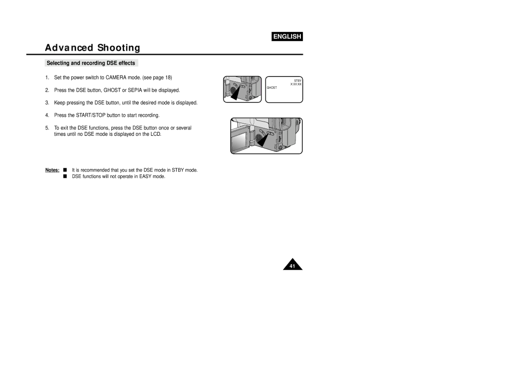 Samsung VP-L850D, VP-L800U, VP-L870 manual Selecting and recording DSE effects 