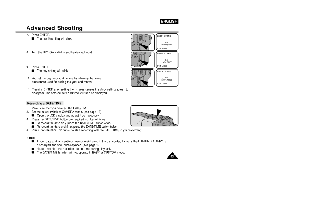 Samsung VP-L870, VP-L800U, VP-L850D manual Recording a DATE/TIME 