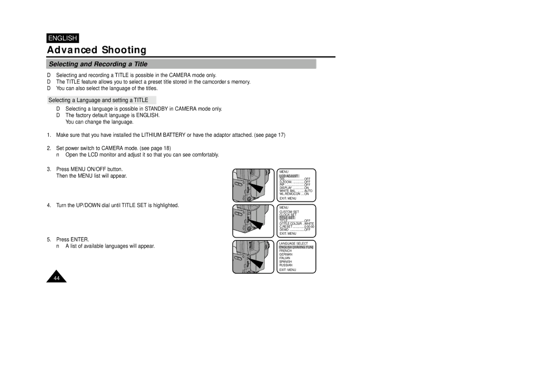 Samsung VP-L800U, VP-L850D, VP-L870 manual Selecting and Recording a Title, Selecting a Language and setting a Title 