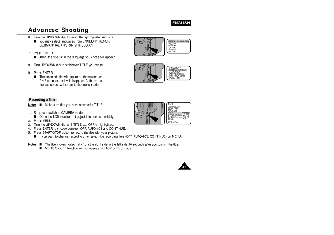 Samsung VP-L800U, VP-L850D, VP-L870 manual Recording a Title, German/Italian/Spanish/Russian 