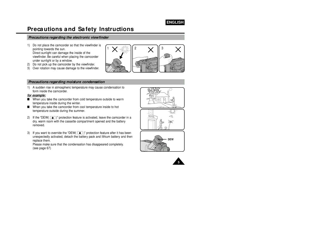 Samsung VP-L800U, VP-L850D Precautions regarding the electronic viewfinder, Precautions regarding moisture condensation 