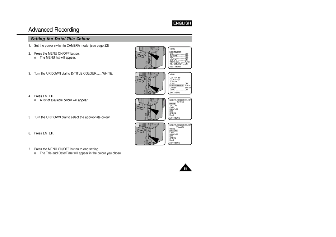 Samsung VP-L850D, VP-L800U, VP-L870 manual Advanced Recording, Setting the Date/Title Colour 