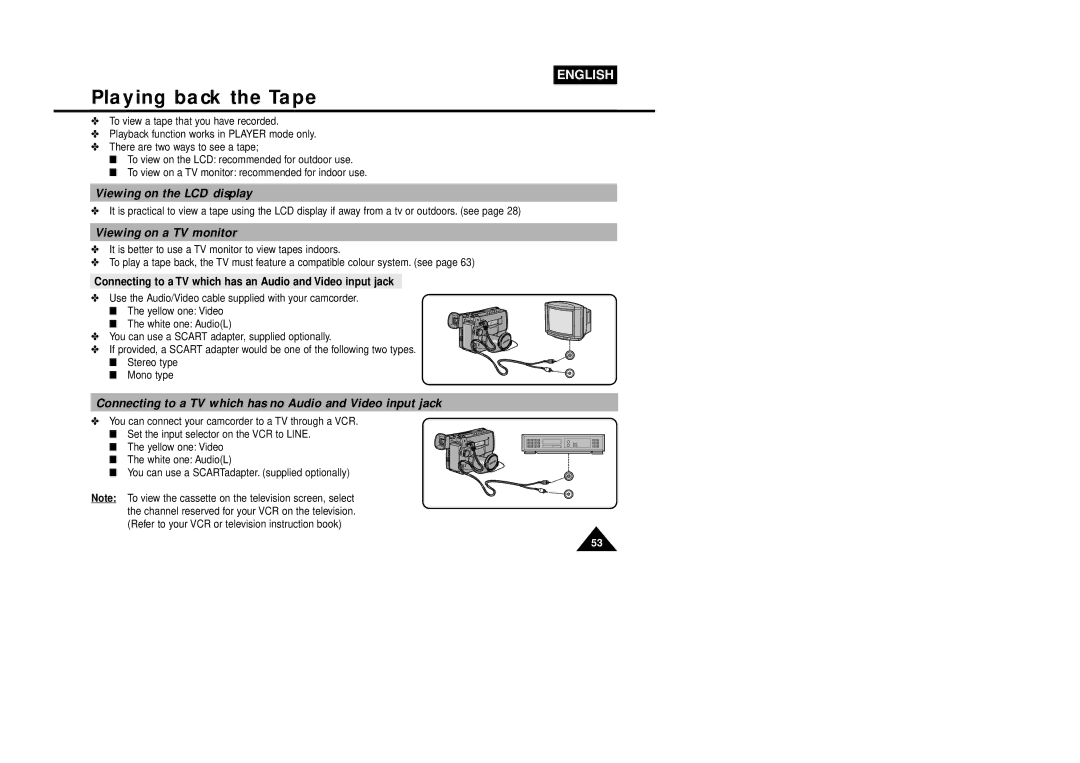 Samsung VP-L870, VP-L800U, VP-L850D manual Playing back the Tape, Viewing on the LCD display, Viewing on a TV monitor 