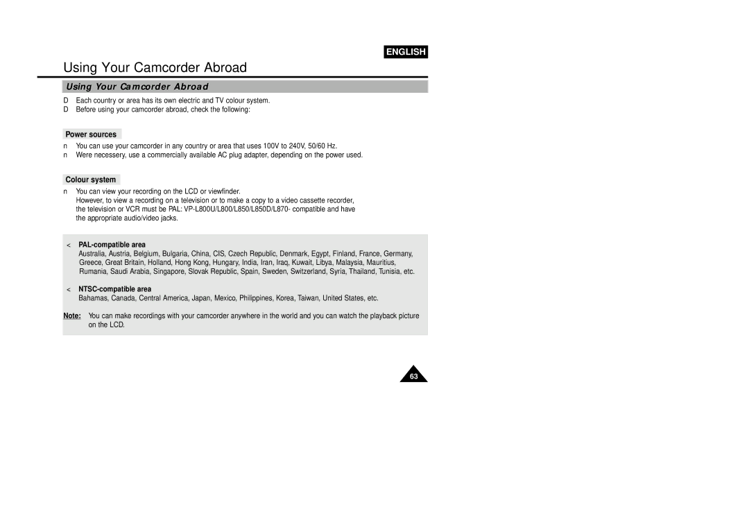 Samsung VP-L870, VP-L800U, VP-L850D manual Using Your Camcorder Abroad, Power sources, Colour system 