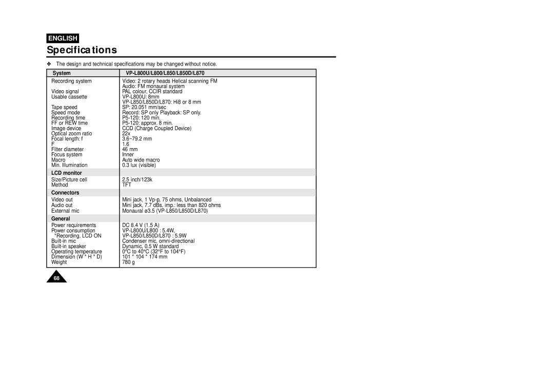 Samsung VP-L870, VP-L850D manual Specifications, System VP-L800U/L800/L850/L850D/L870, LCD monitor, Connectors, General 