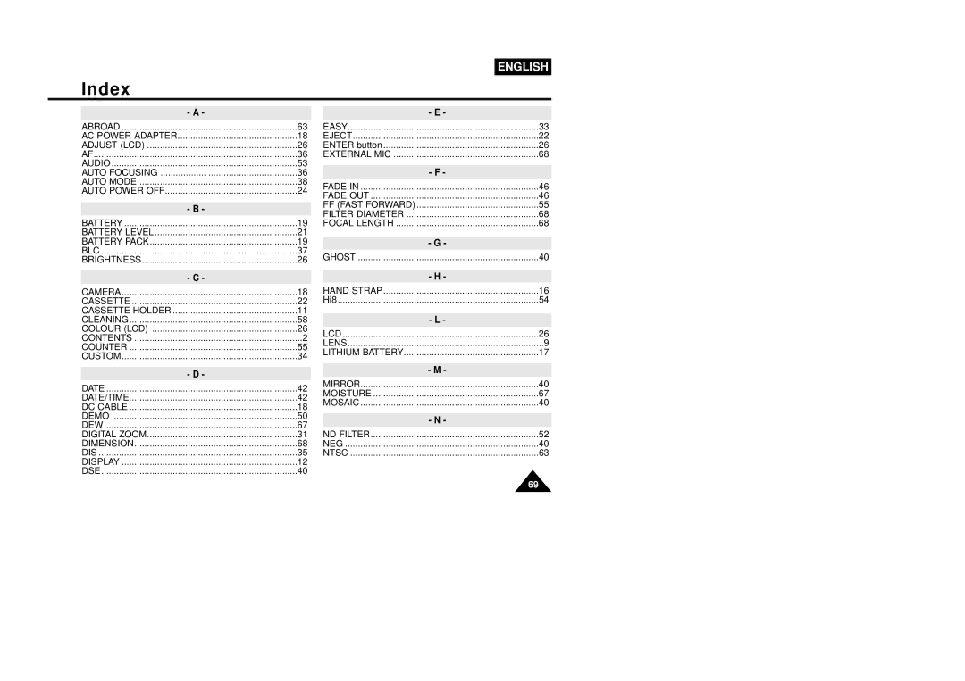 Samsung VP-L800U, VP-L850D, VP-L870 manual Index, Auto Focusing 