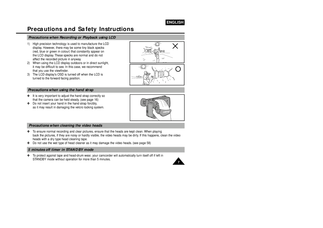 Samsung VP-L800U, VP-L850D manual Precautions when Recording or Playback using LCD, Precautions when using the hand strap 