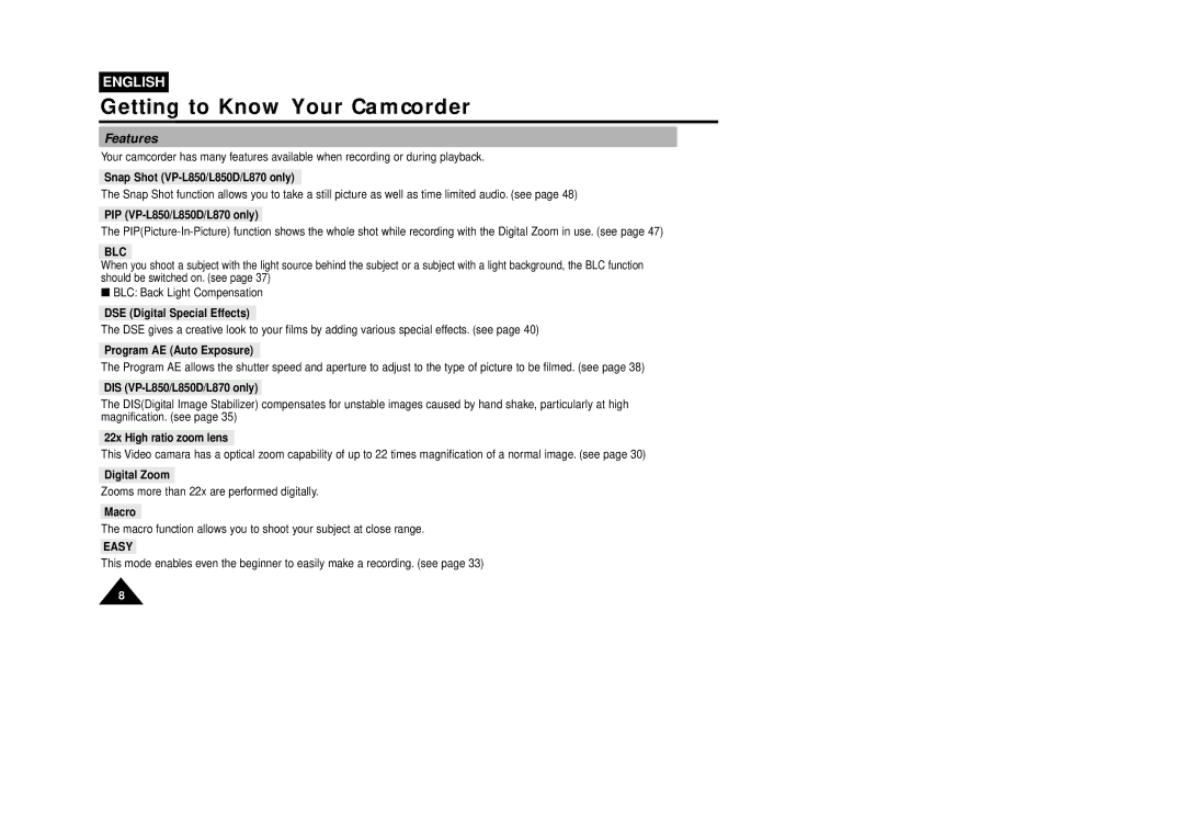Samsung VP-L870, VP-L800U, VP-L850D manual Getting to Know Your Camcorder, Features, Blc, Easy 