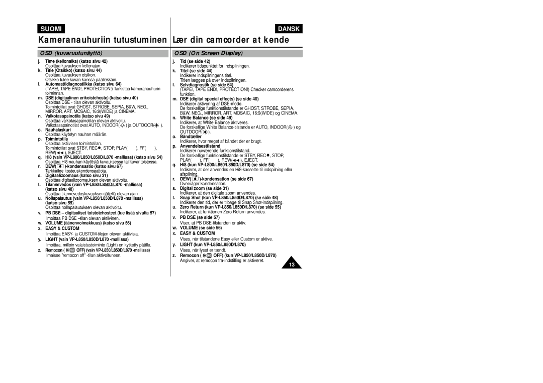 Samsung VP-L800/XEE manual Automaattidiagnostiikka katso sivu, Valkotasapainotila katso sivu, Nauhalaskuri, Toimintotila 