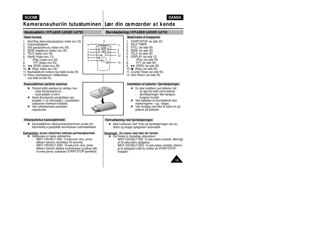 Samsung VP-L800/XEE Osien kuvaus, Beskrivelse af knapperne, Kaukosäätimen pariston asennus, Vitkanauhoitus kaukosäätimellä 