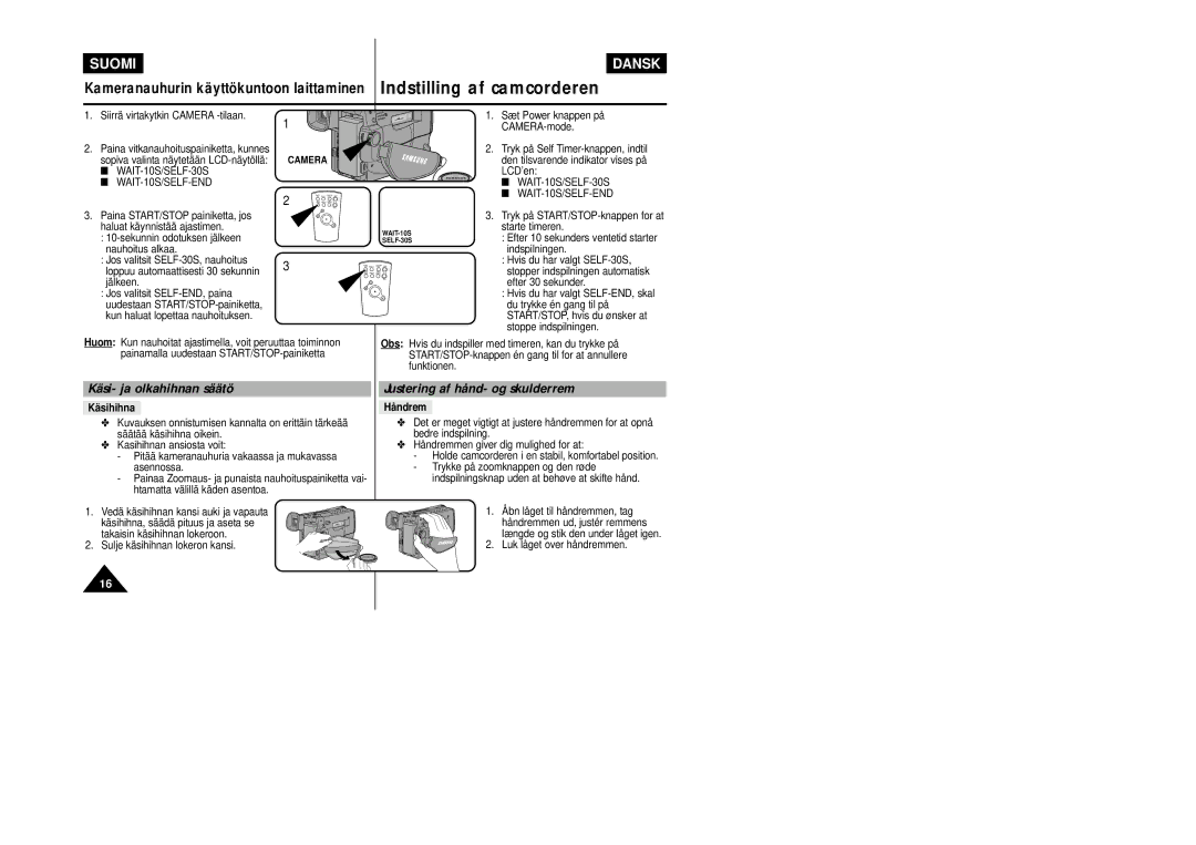 Samsung VP-L800/XEE manual Käsi- ja olkahihnan säätö, Justering af hånd- og skulderrem, WAIT-10S/SELF-30S WAIT-10S/SELF-END 