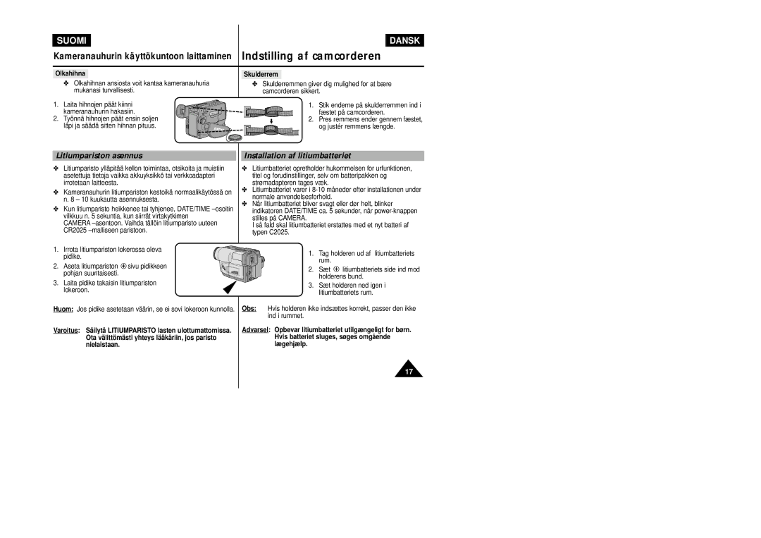 Samsung VP-L800/XEE manual Litiumpariston asennus, Installation af litiumbatteriet 