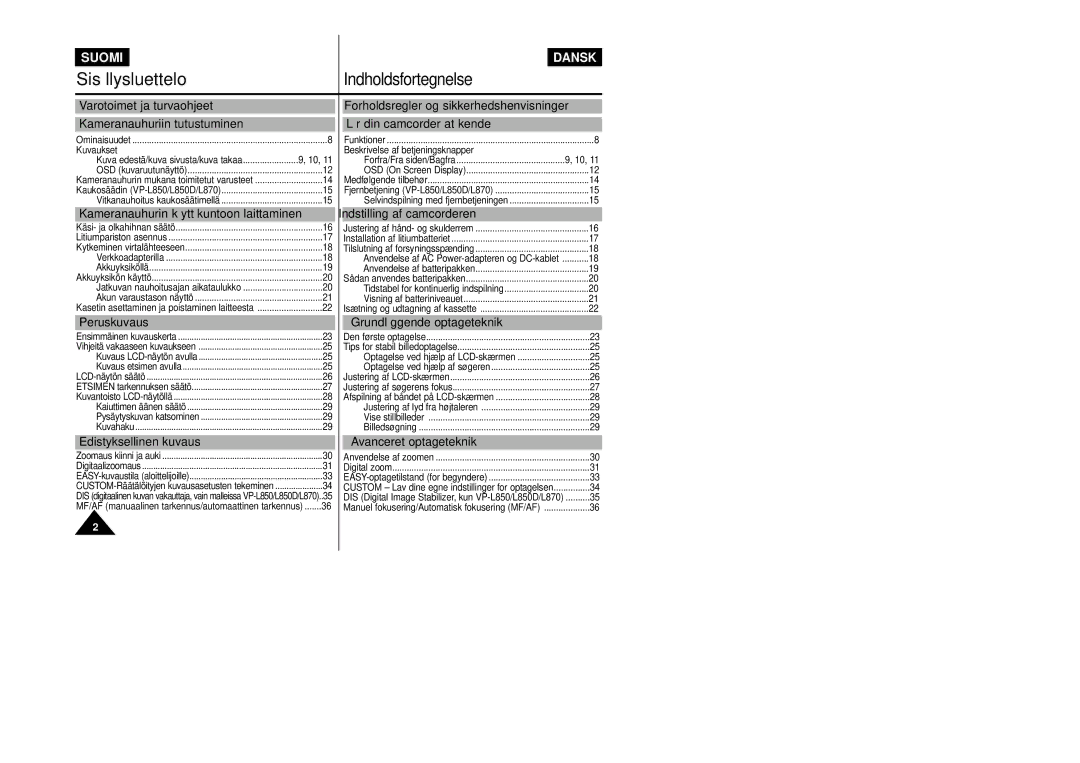 Samsung VP-L800/XEE manual Varotoimet ja turvaohjeet Kameranauhuriin tutustuminen, Peruskuvaus, Indstilling af camcorderen 