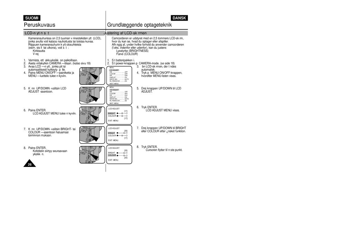 Samsung VP-L800/XEE manual Peruskuvaus, LCD-näytön säätö 