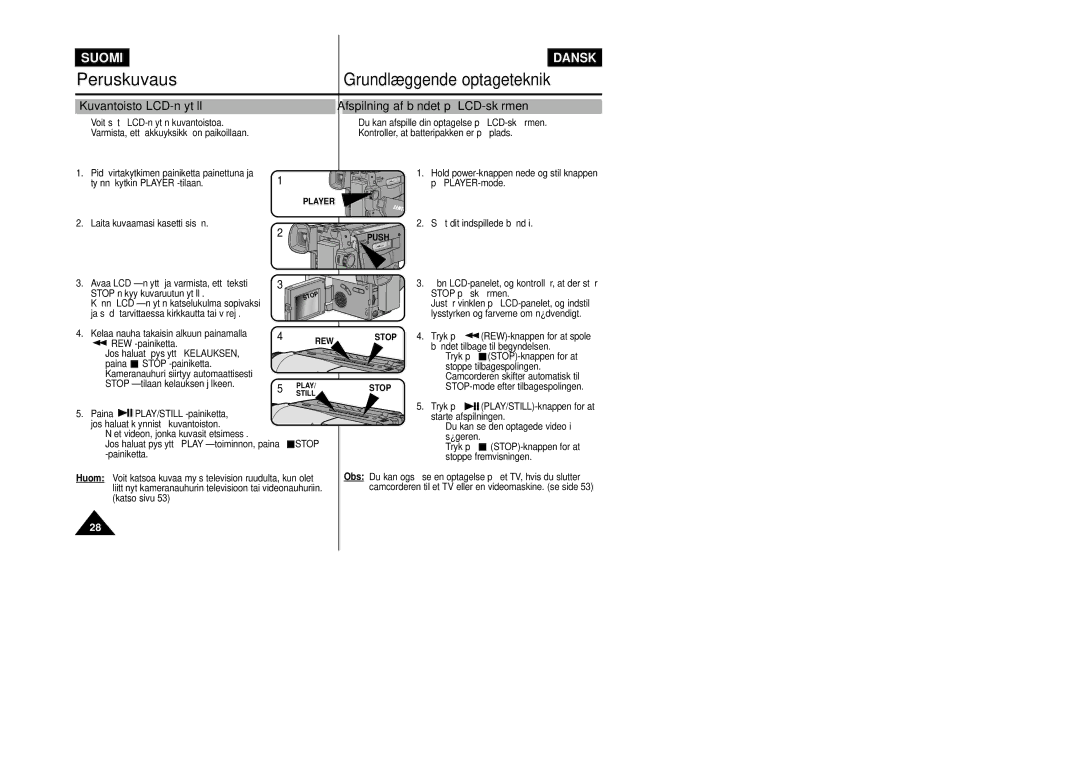 Samsung VP-L800/XEE manual Kuvantoisto LCD-näytöllä, Afspilning af båndet på LCD-skærmen 