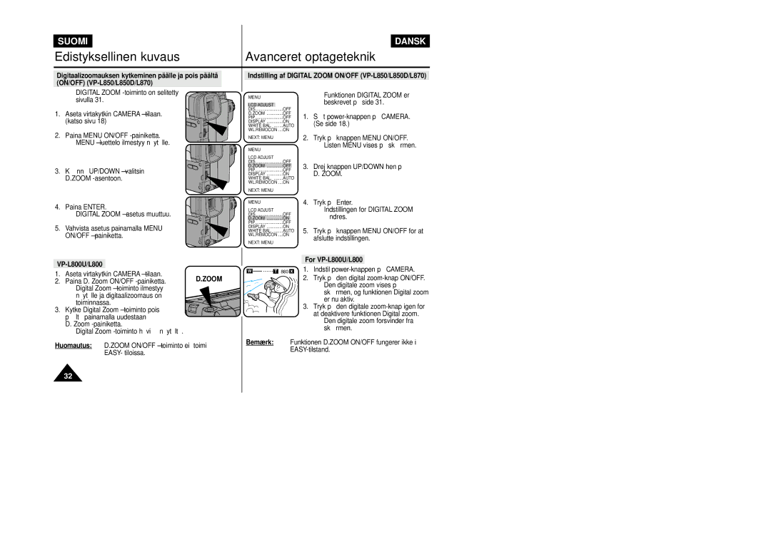 Samsung VP-L800/XEE manual For VP-L800U/L800, Aseta virtakytkin Camera -tilaan, Paina D. Zoom ON/OFF -painiketta 