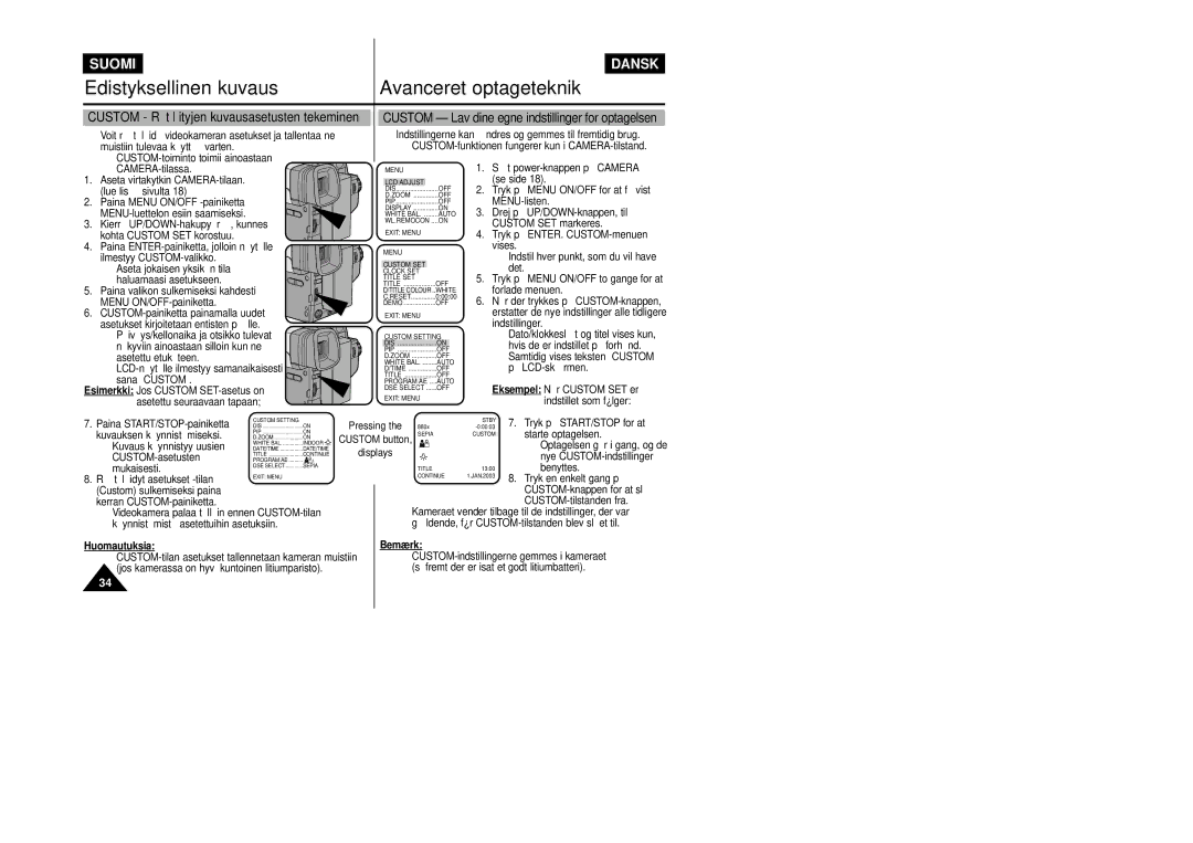 Samsung VP-L800/XEE manual Custom Lav dine egne indstillinger for optagelsen 