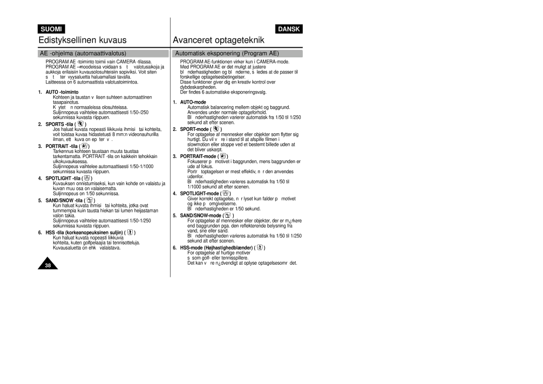 Samsung VP-L800/XEE manual AE -ohjelma automaattivalotus, Automatisk eksponering Program AE 