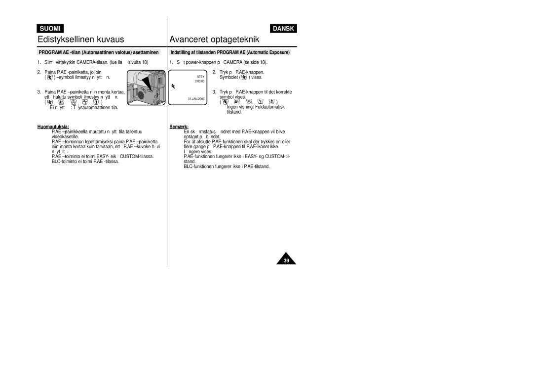 Samsung VP-L800/XEE manual Program AE -tilan Automaattinen valotus asettaminen, Paina P.AE -painiketta niin monta kertaa 