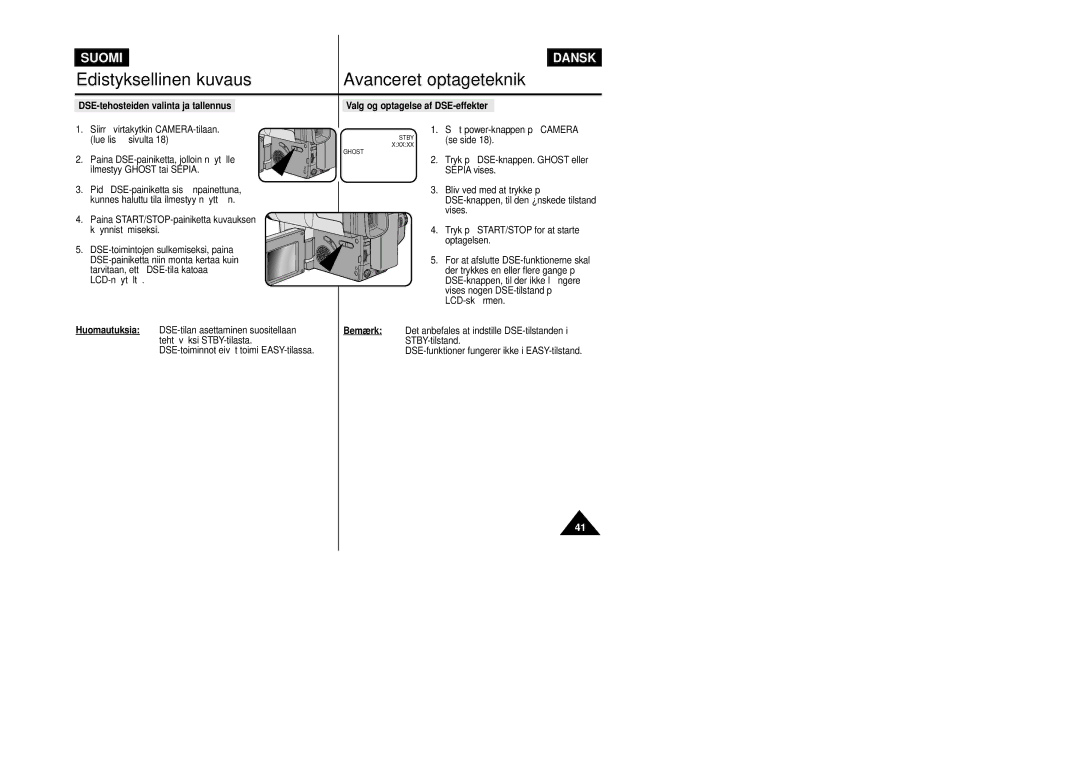 Samsung VP-L800/XEE manual DSE-tehosteiden valinta ja tallennus, Valg og optagelse af DSE-effekter 