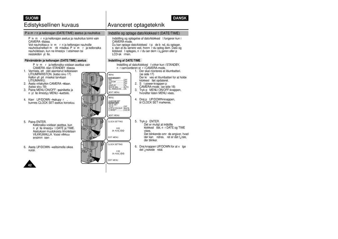 Samsung VP-L800/XEE Indstille og optage dato/klokkeslæt DATE/TIME, Päivämäärän ja kellonajan DATE/TIME asetus, Litiumakku 