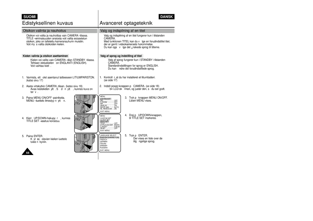 Samsung VP-L800/XEE manual Otsikon valinta ja nauhoitus, Valg og indspilning af en titel, Camera 