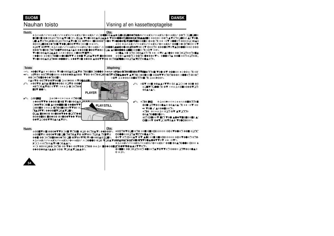 Samsung VP-L800/XEE manual Toisto Obs, Afspilning, Play/Still 