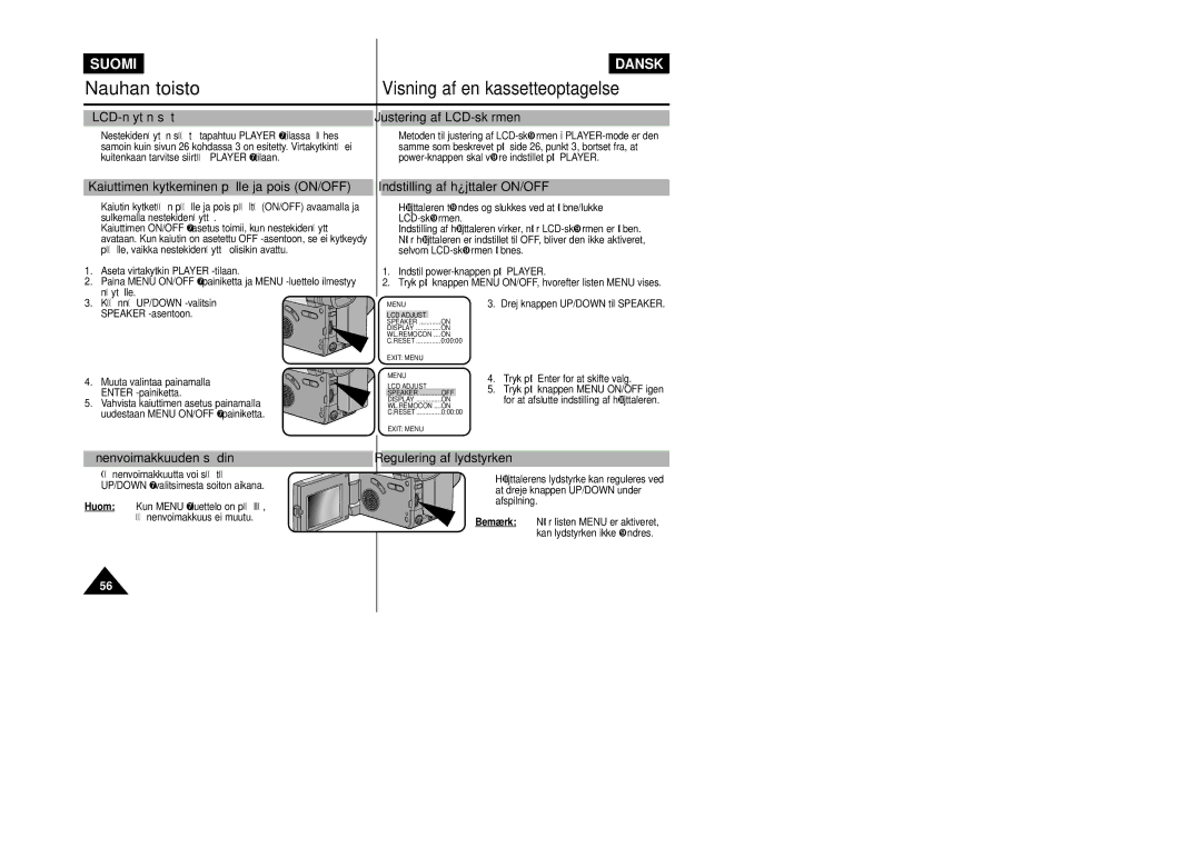 Samsung VP-L800/XEE manual LCD-näytön säätö Justering af LCD-skærmen, Kaiuttimen kytkeminen päälle ja pois ON/OFF 