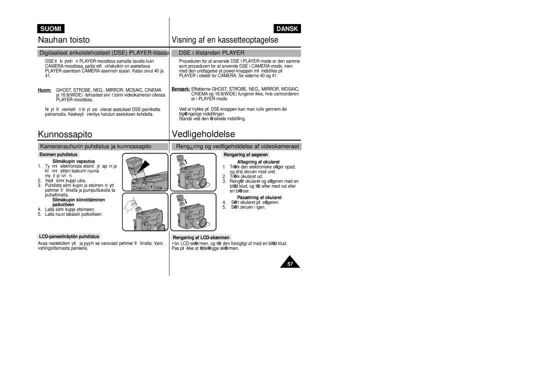 Samsung VP-L800/XEE manual DSE i tilstanden Player, Kameranauhurin puhdistus ja kunnossapito 