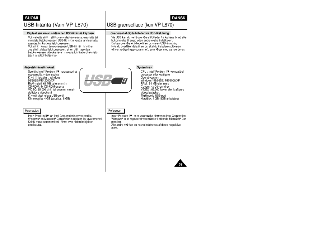 Samsung VP-L800/XEE manual Digitaalisen kuvan siirtäminen USB-liitäntää käyttäen, Systemkrav 