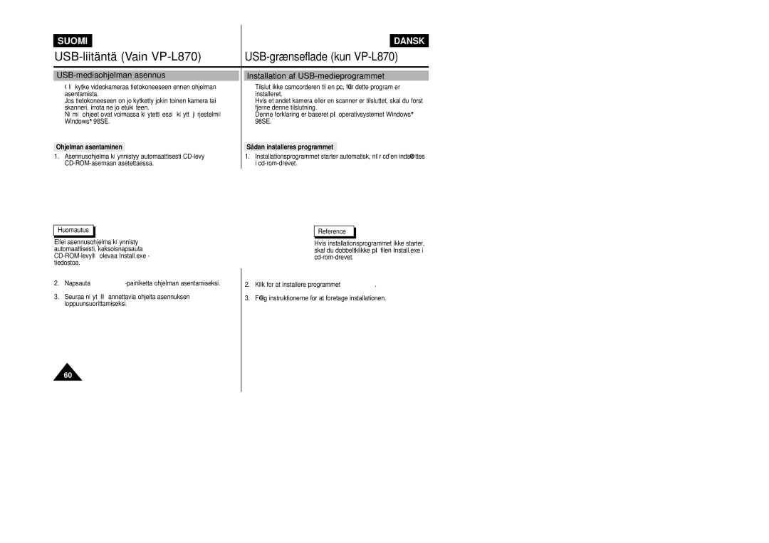 Samsung VP-L800/XEE manual Ohjelman asentaminen, Sådan installeres programmet 