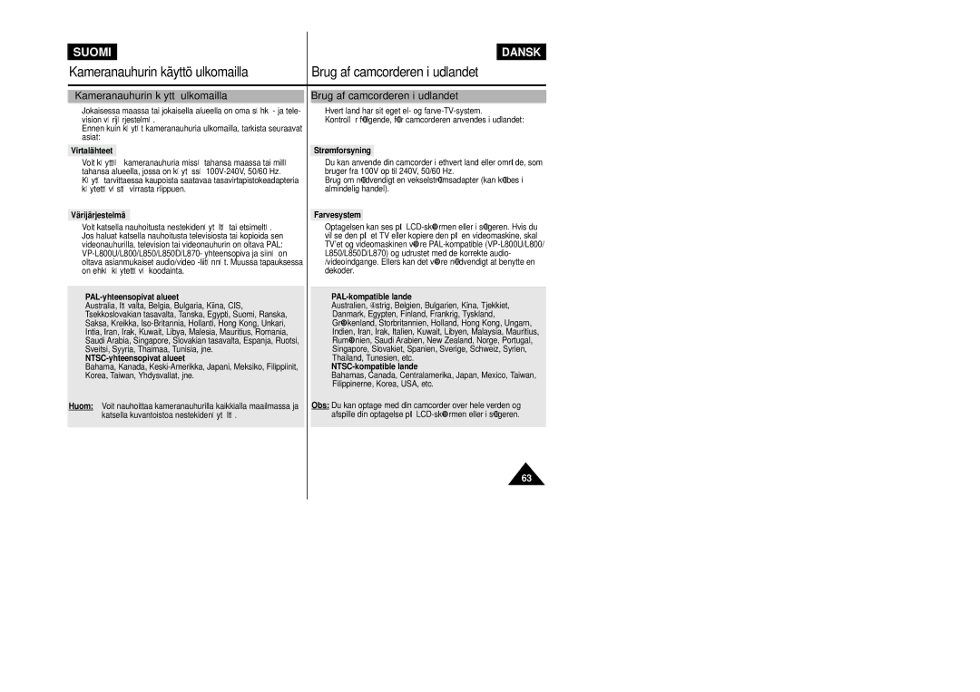 Samsung VP-L800/XEE manual Kameranauhurin käyttö ulkomailla, Brug af camcorderen i udlandet 