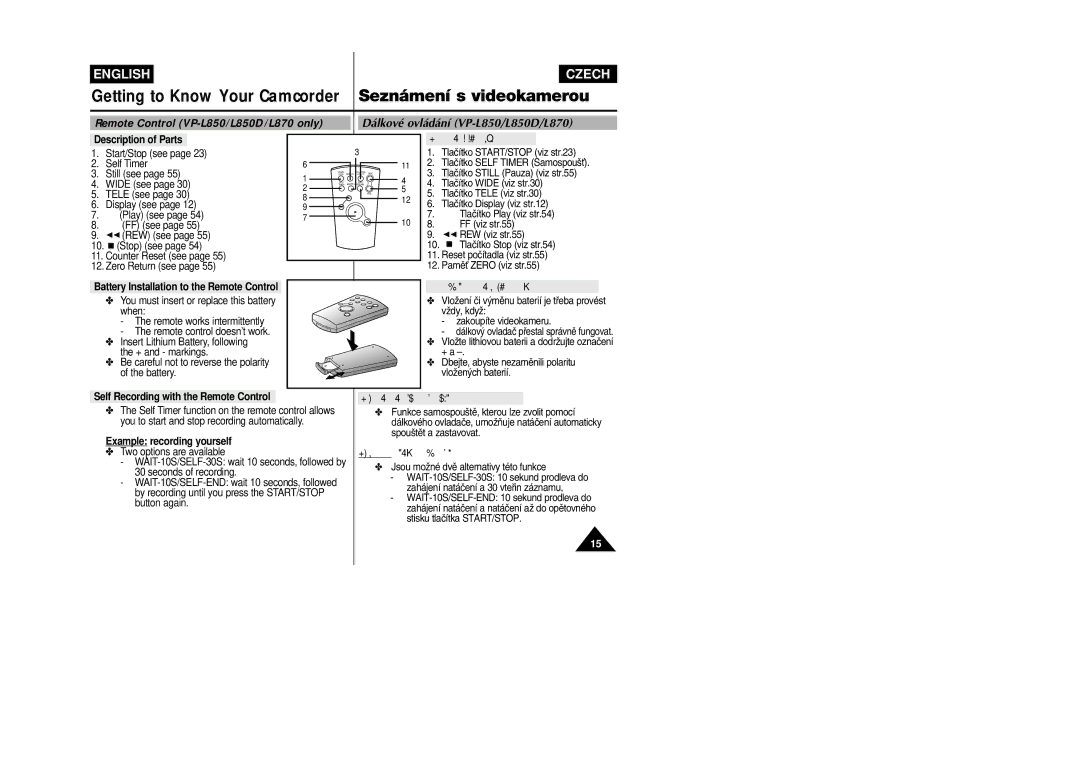 Samsung VP-L800/XEE Remote Control VP-L850/L850D/L870 only, Description of Parts, Self Recording with the Remote Control 