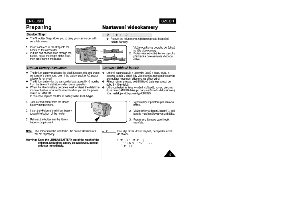 Samsung VP-L800/XEE manual Lithium Battery Installation, Instalace lithiové baterie, Shoulder Strap 