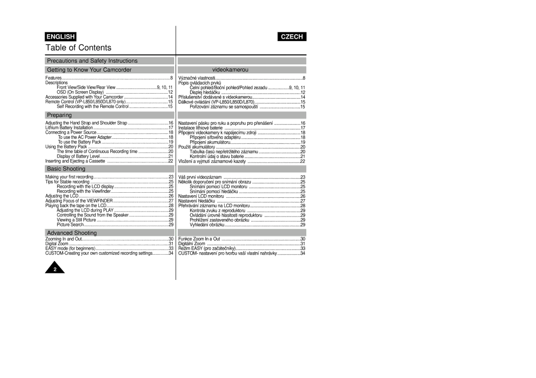 Samsung VP-L800/XEE manual Table of Contents 