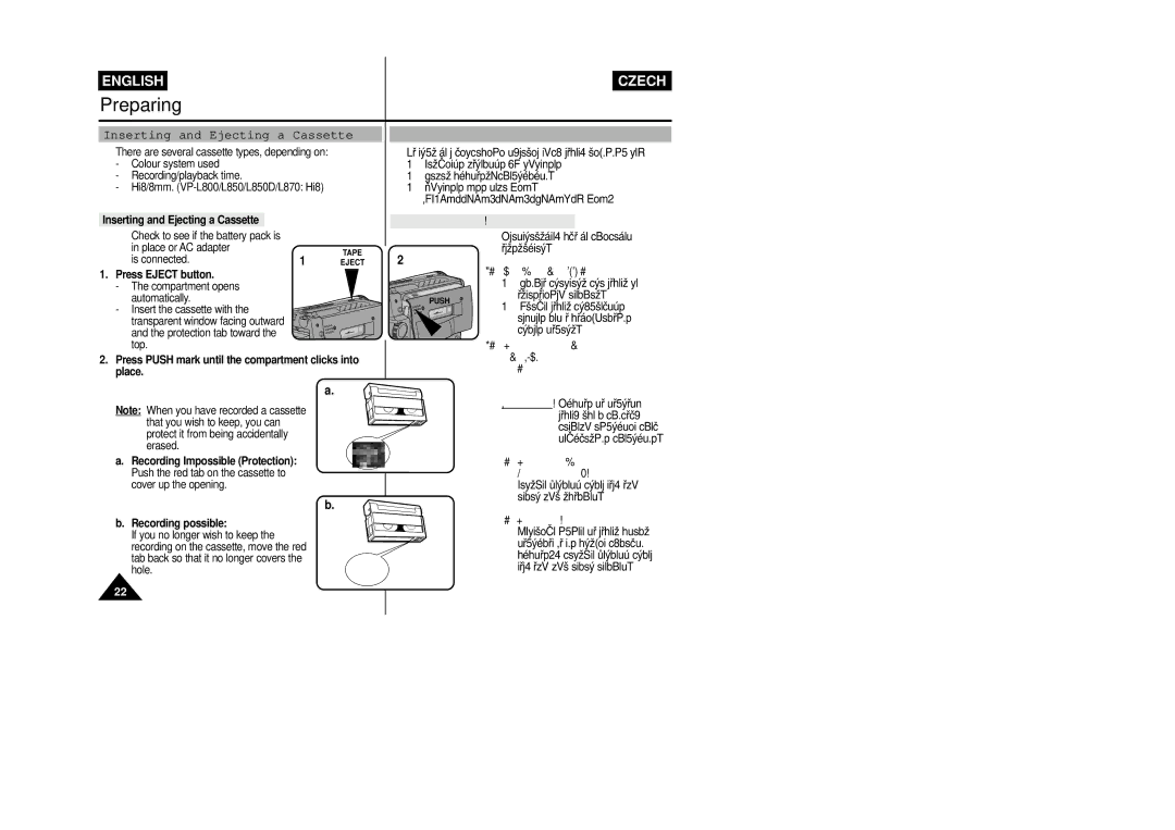 Samsung VP-L800/XEE manual VloÏení a vyjmutí záznamové kazety, Inserting and Ejecting a Cassette 