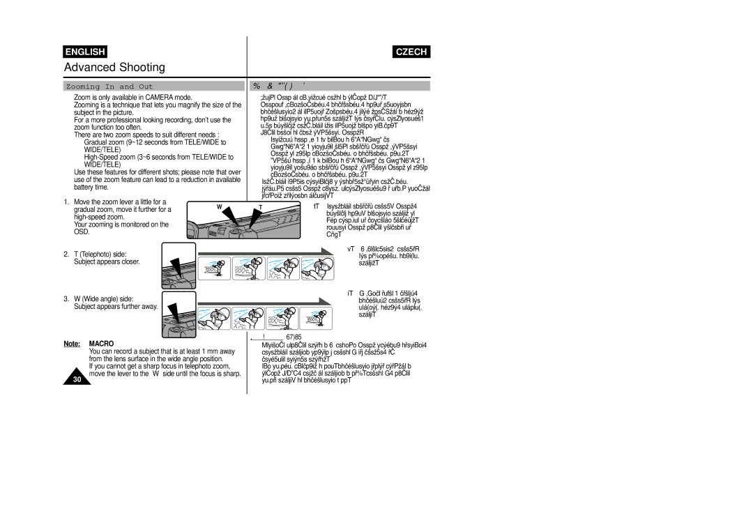 Samsung VP-L800/XEE manual Funkce Zoom In a Out, Zooming In and Out, Poznámka Macro 