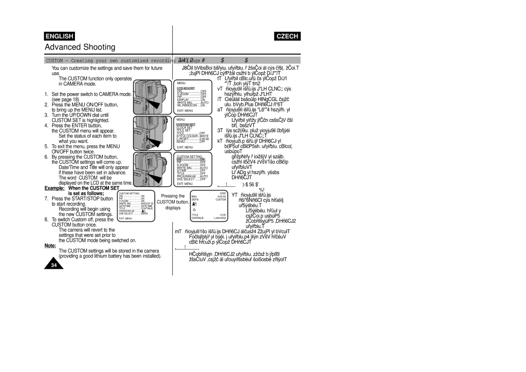 Samsung VP-L800/XEE manual Example When the Custom SET is set as follows, Pﬁíklad KdyÏ Custom SET je Nastaveno následovnû 