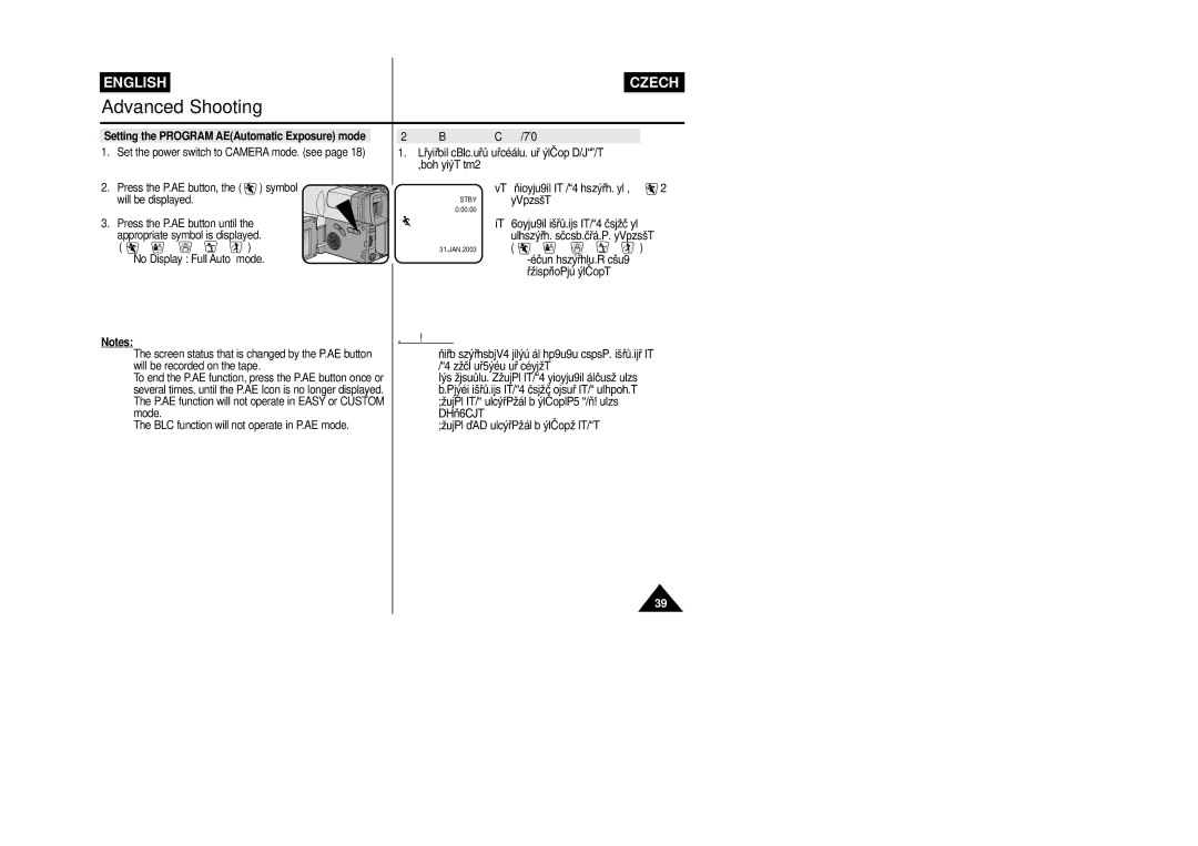 Samsung VP-L800/XEE manual Setting the Program AEAutomatic Exposure mode, Nastavení programu automatické expozice AE 