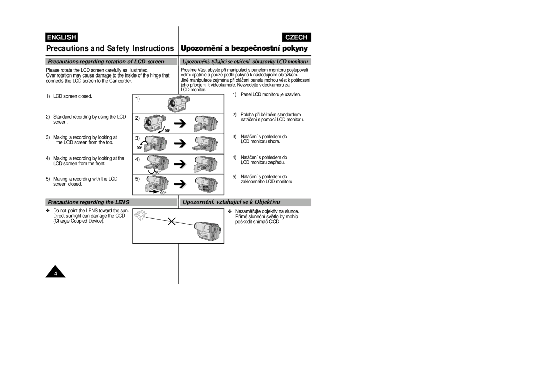 Samsung VP-L800/XEE manual Precautions regarding rotation of LCD screen, Precautions regarding the Lens 