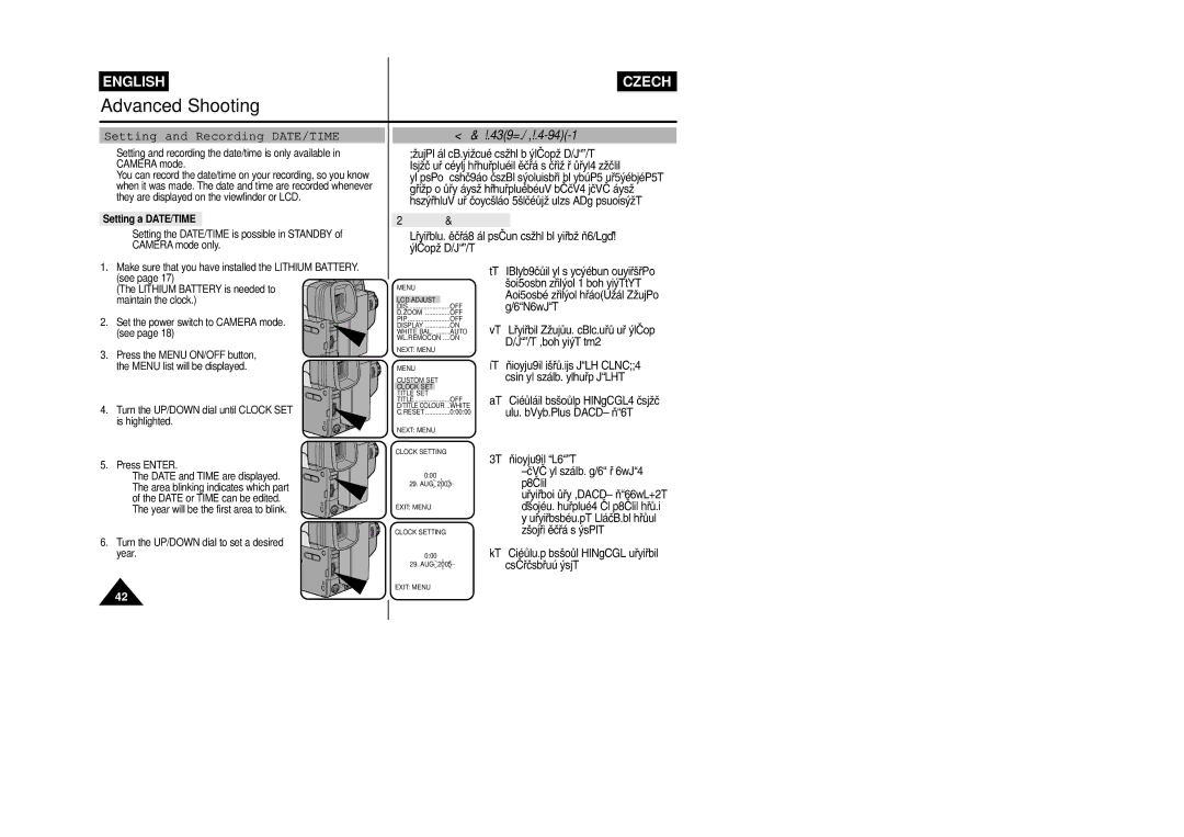 Samsung VP-L800/XEE manual Setting and Recording DATE/TIME, Nastavení data a ãasu, Setting a DATE/TIME, Camera mode only 