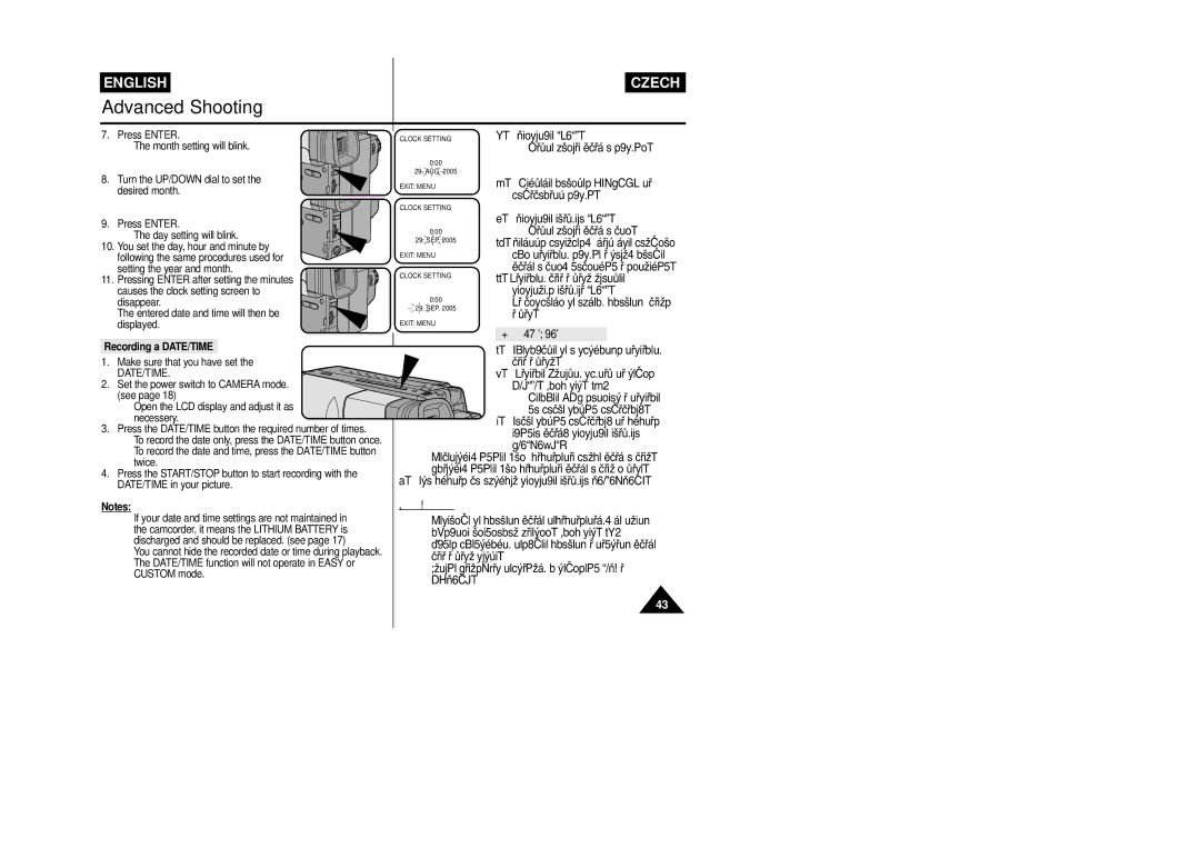 Samsung VP-L800/XEE manual Záznam DATE/TIME, Recording a DATE/TIME 