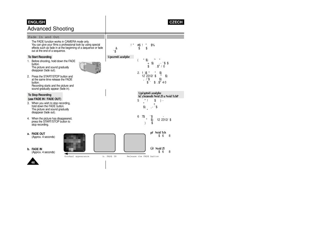 Samsung VP-L800/XEE manual To Start Recording, Zahájení záznamu, To Stop Recording Use Fade in / Fade OUT 