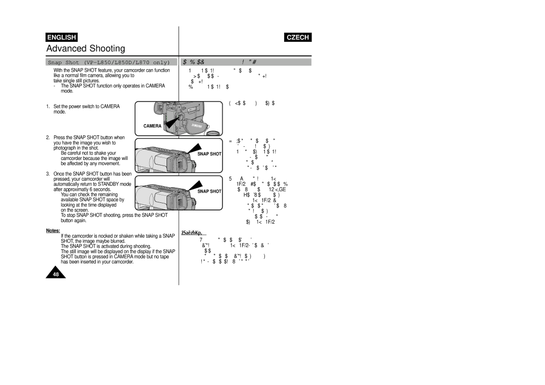 Samsung VP-L800/XEE manual Snap Shot jenom VP-L850/L850D/L870, Snap Shot VP-L850/L850D/L870 only 