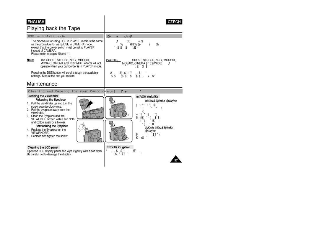 Samsung VP-L800/XEE manual Âi‰tûní a údrÏba videokamery, Cleaning and Careing for your Camcorder, Reattaching the Eyepiece 