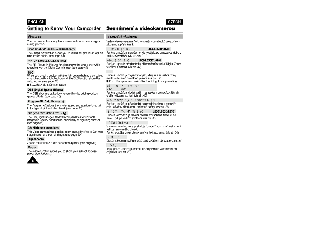 Samsung VP-L800/XEE manual Features, ˘znaãné vlastnosti 