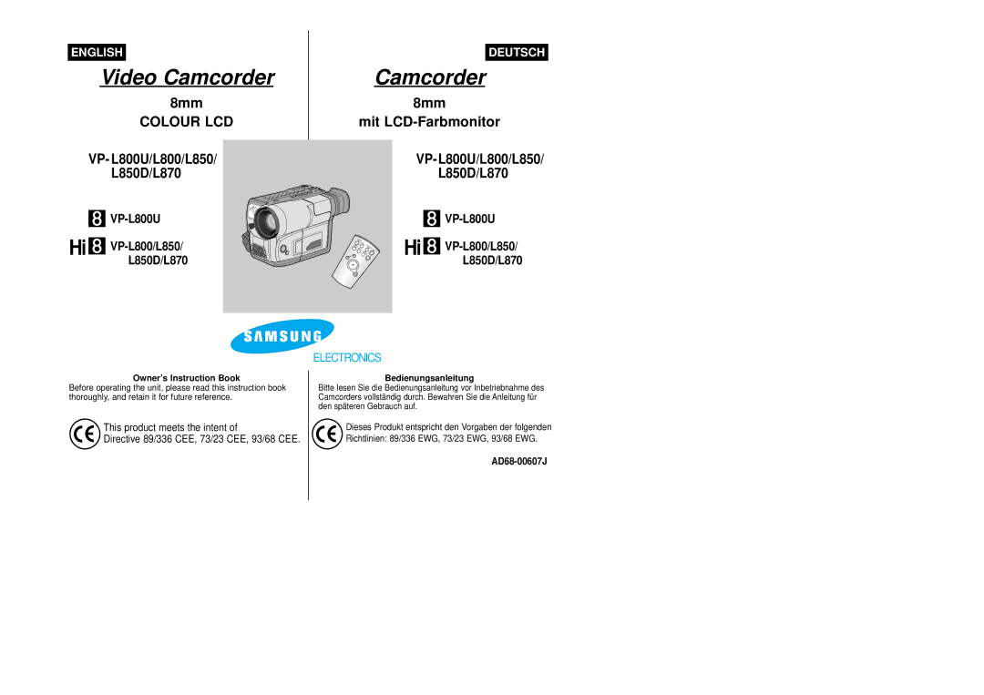 Samsung VP-L800/XEE manual Owner’s Instruction Book, Bedienungsanleitung, AD68-00607J 